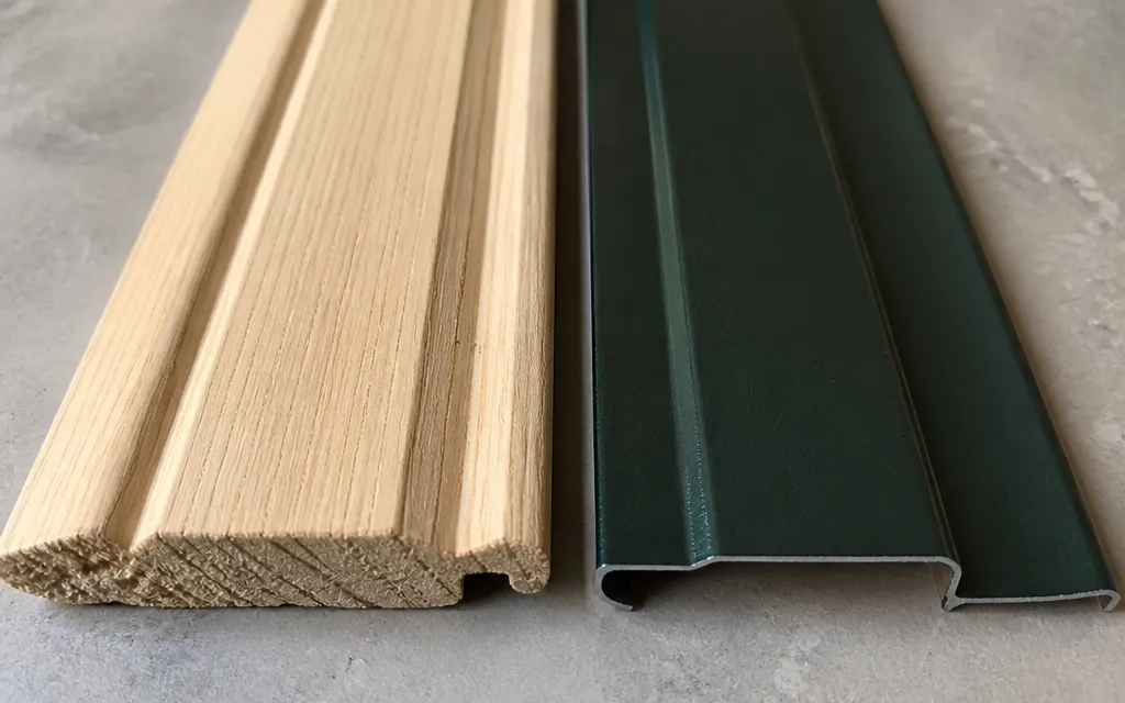 Échantillons de lames de volet côte à côte, bois brut et aluminium laqué