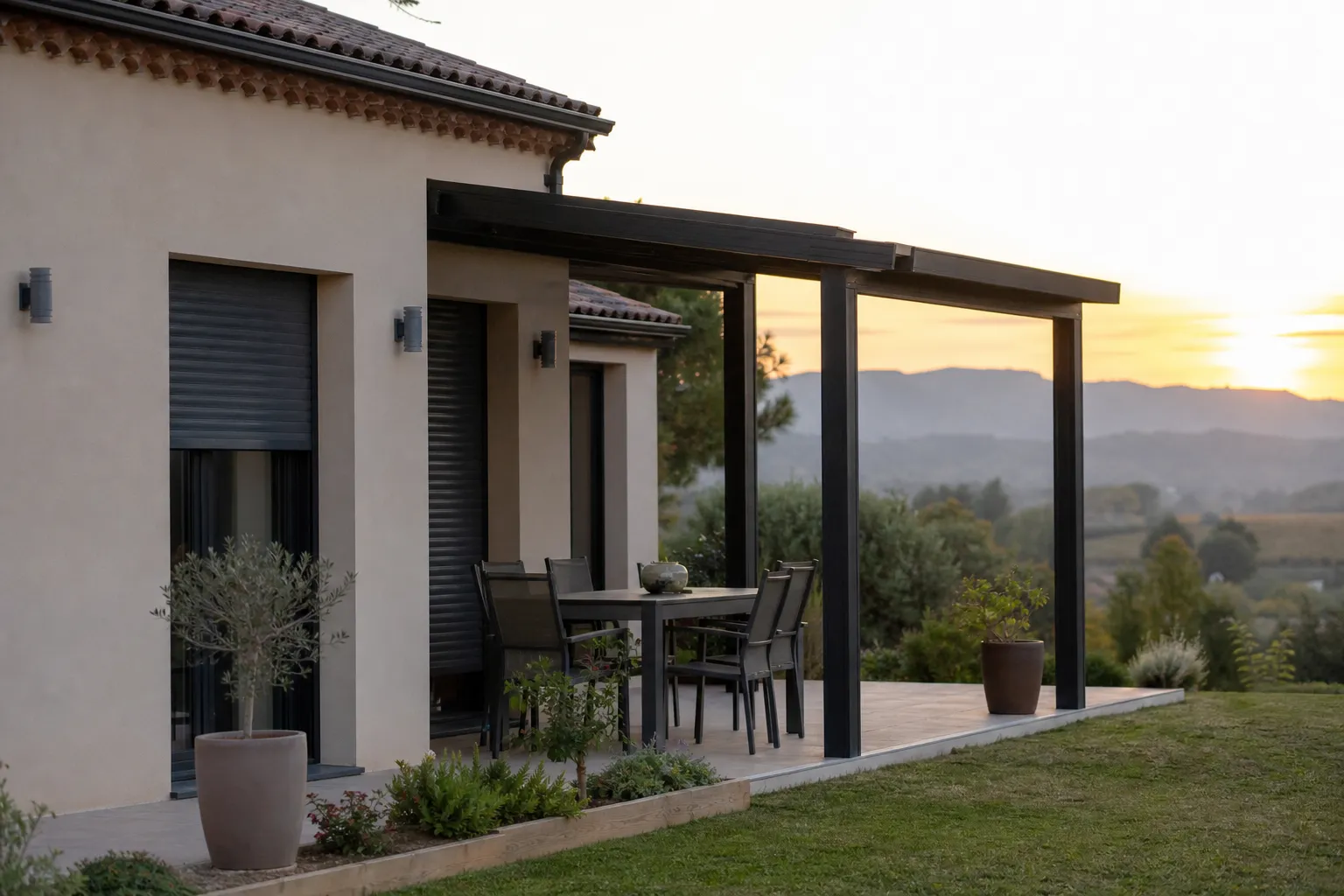 Façade résidentielle avec pergola et volets, silhouette floue de reliefs boisés à l’horizon