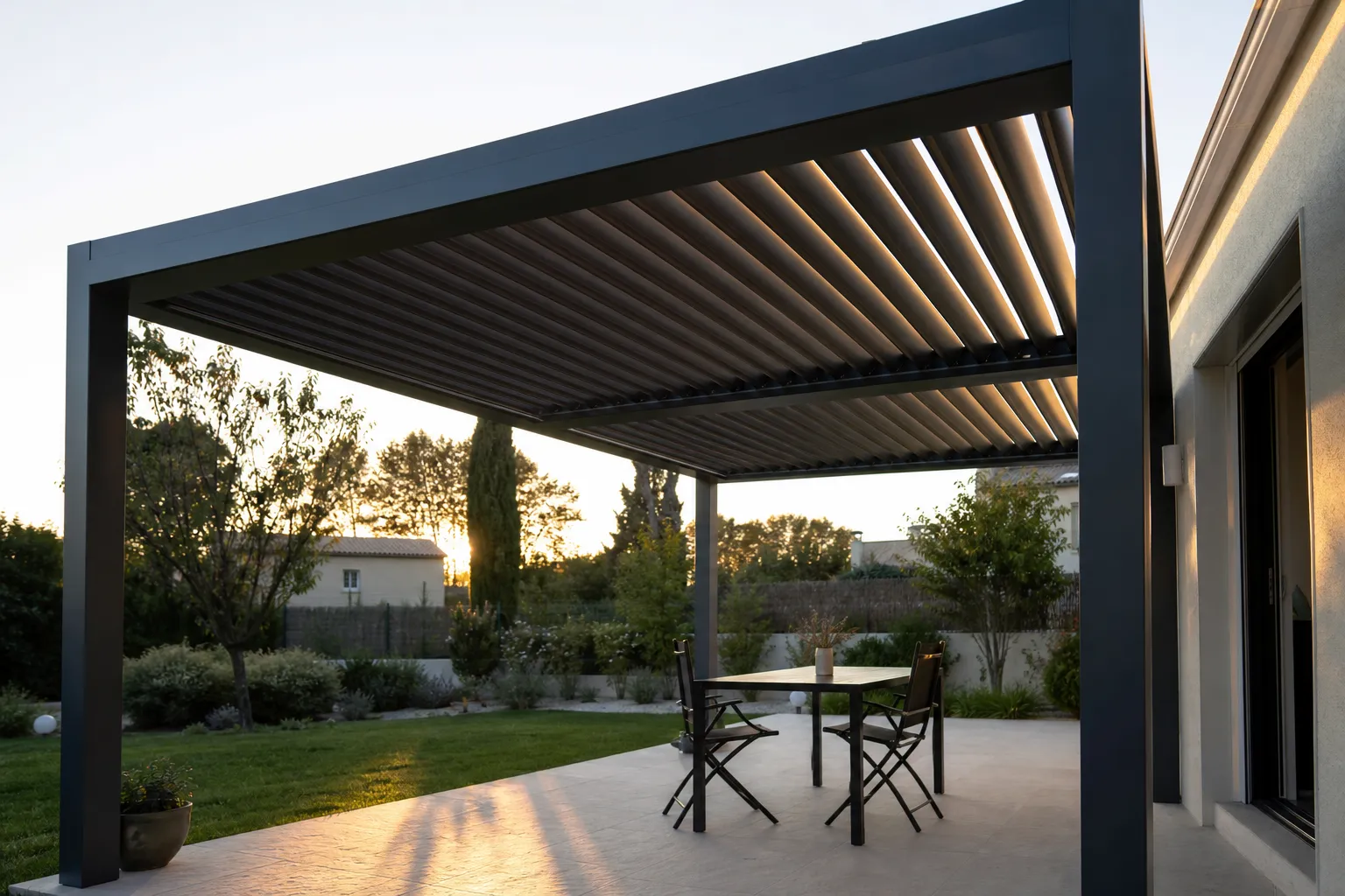 Terrasse sous une pergola bioclimatique aux lames orientables entrouvertes, lumière dorée de fin de journée