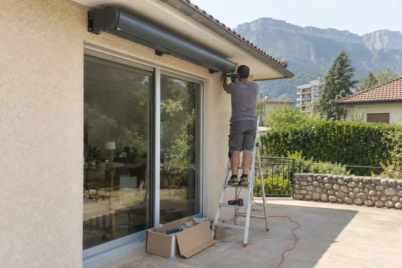 Technicien sur un escabeau fixant le coffre d’un store banne au-dessus d’une baie vitrée, massif du Vercors en arrière-plan