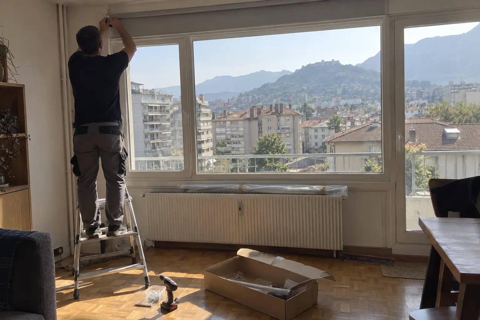 Poseur sur un escabeau installant un store enrouleur en haut d’une large fenêtre d’appartement, immeubles en face