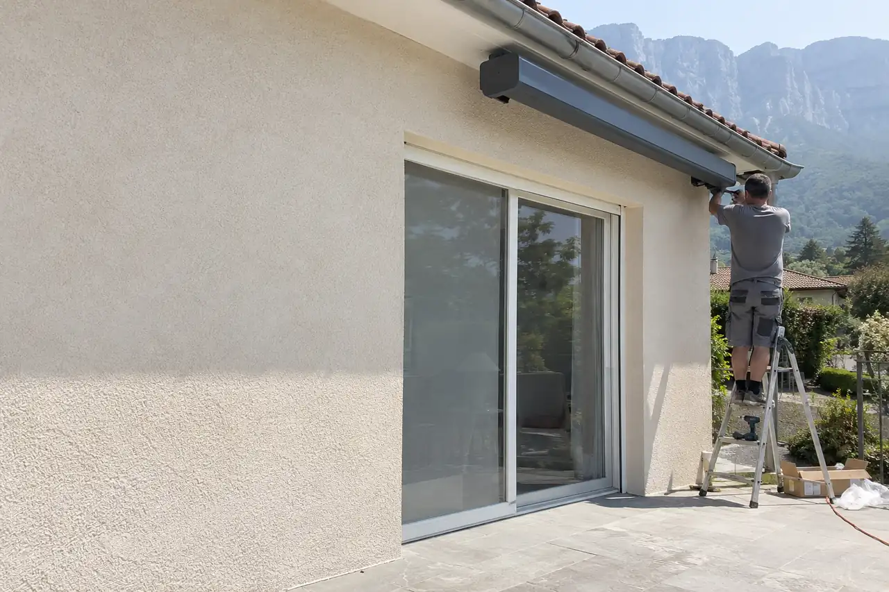Coffre gris de store banne posé en haut d’une façade crépie, au-dessus d’une grande baie coulissante