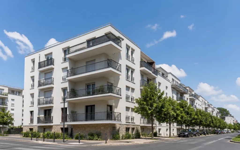 Petit ensemble d’immeubles collectifs de première couronne, façades enduites claires et balcons filants
