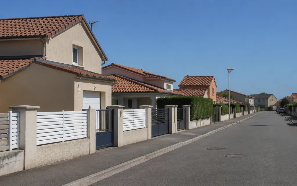 Rue pavillonnaire de périphérie, maisons individuelles avec jardins et toitures en tuile